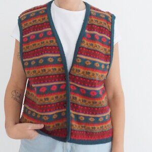 Vintage Lizsport Red Teal Southwestern Geometric Striped Knit Sweater Vest L